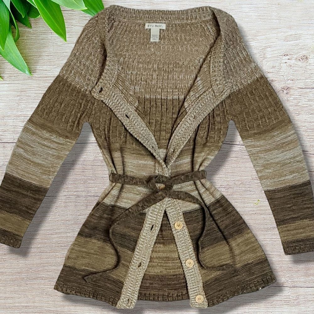 Tru Self Button-Up Tie Around Cardigan Sweater